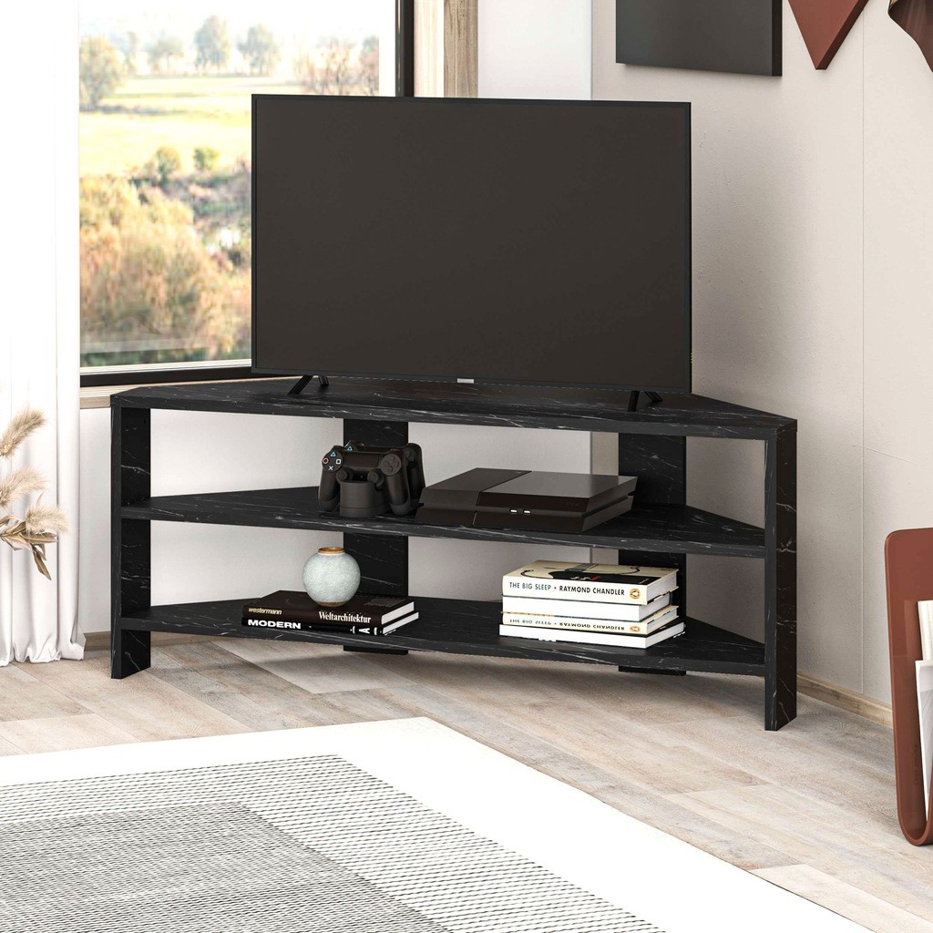 Decortie Thales Black Marble Effect 2 Shelf Corner TV Unit - image 3