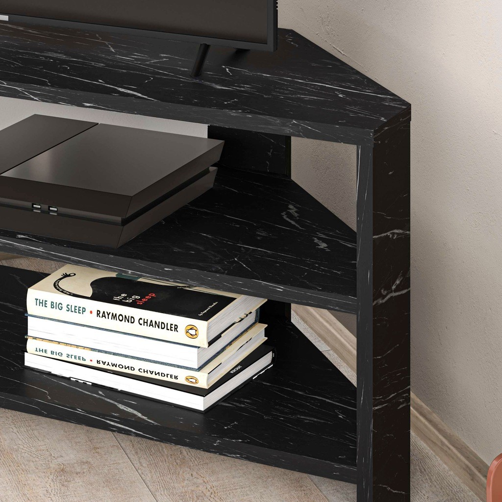 Decortie Thales Black Marble Effect 2 Shelf Corner TV Unit - image 4