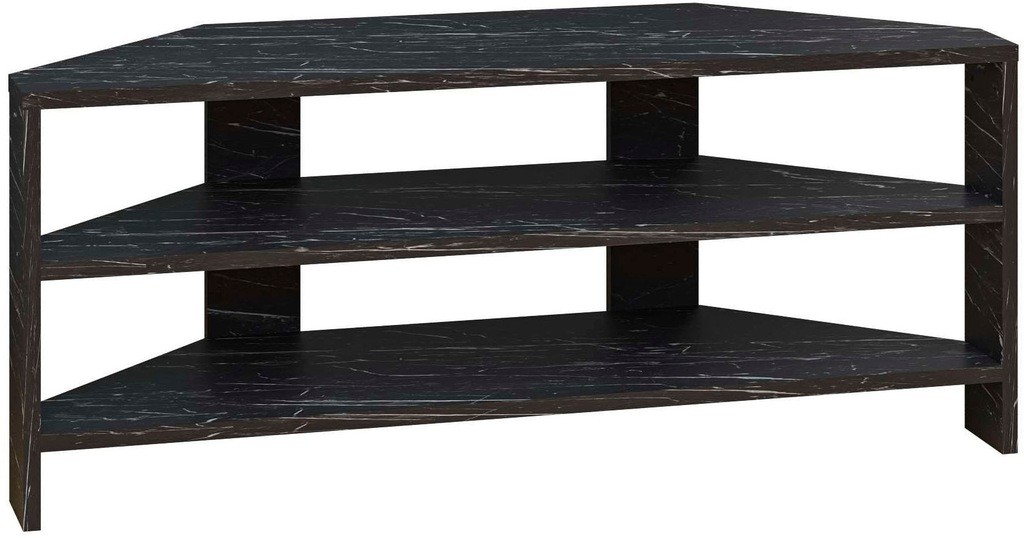 Black marble-effect TV stand with a modern triangular design, featuring three open shelves for storage, made from sturdy materials for easy assembly and space-saving.