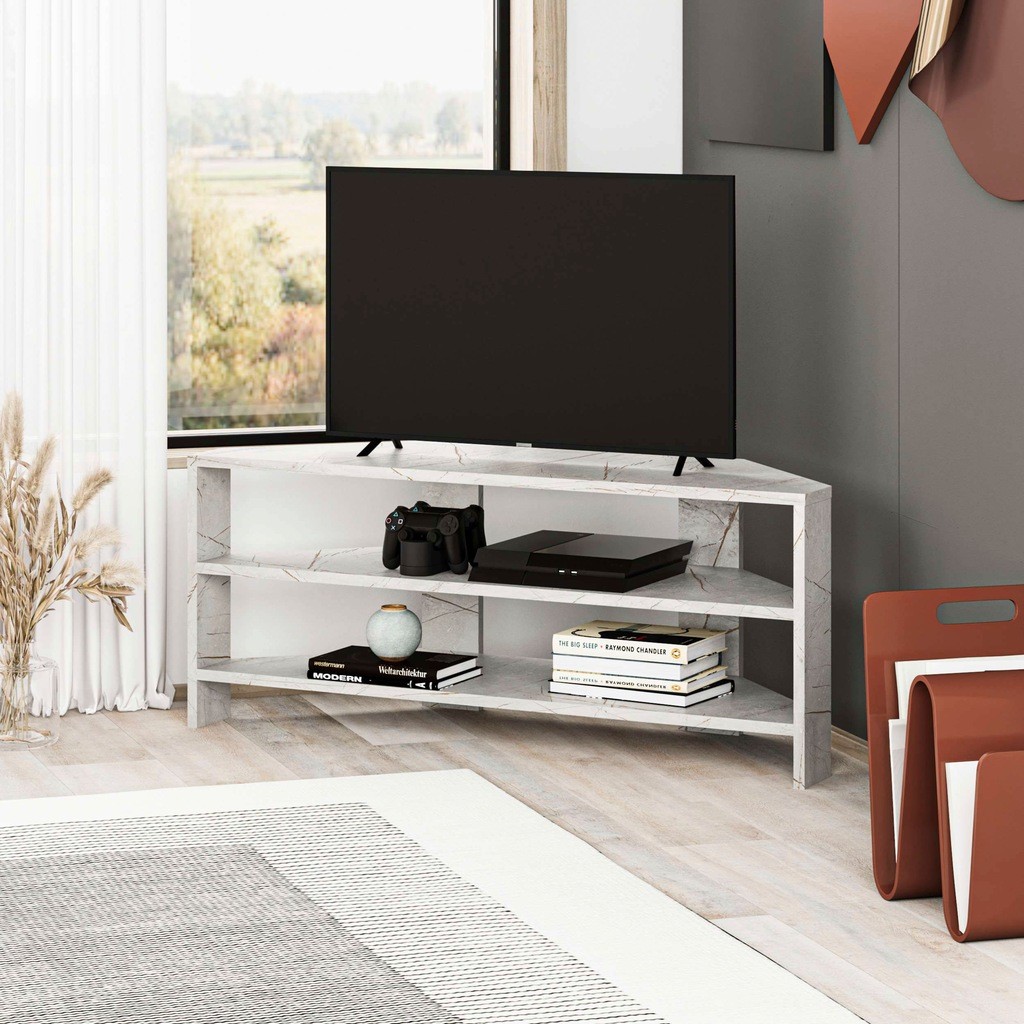 Decortie Thales Gold Marble Effect 2 Shelf Corner TV Unit - image 2