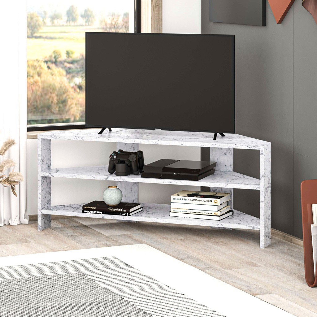 Decortie Thales White Marble Effect 2 Shelf Corner TV Unit - image 3