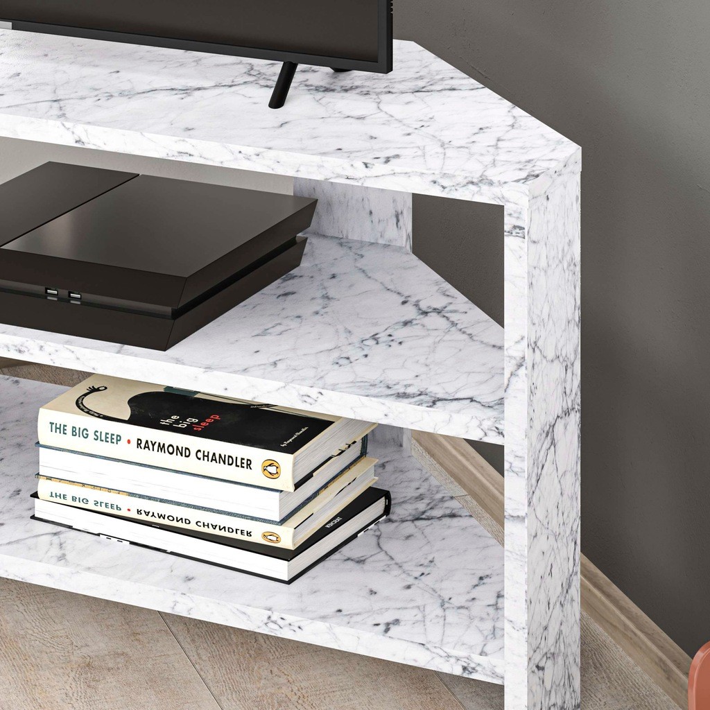 Decortie Thales White Marble Effect 2 Shelf Corner TV Unit - image 4
