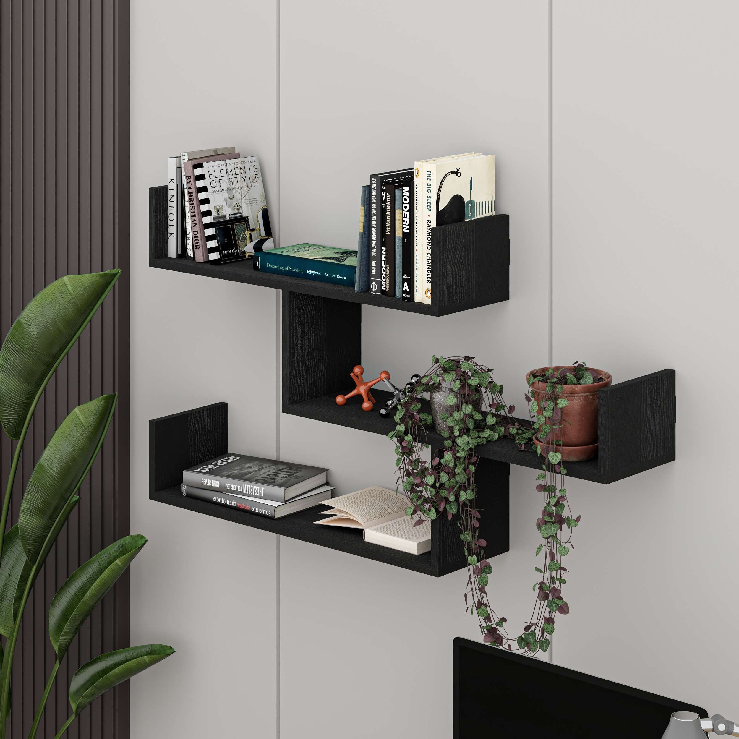 Decortie Tibet Black Wood 3-Tier Zigzag Wall Mounted Bookcase - image 2