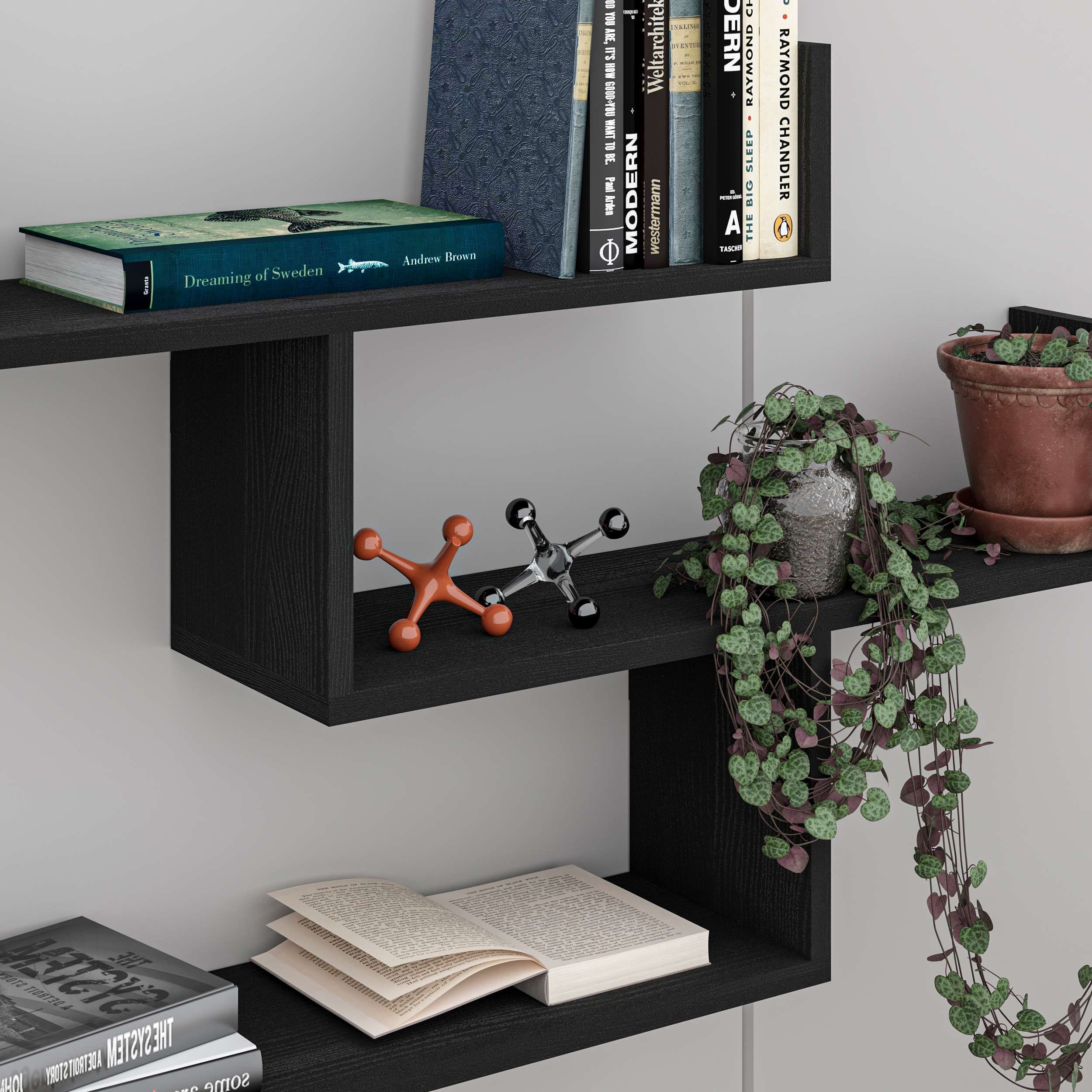 Decortie Tibet Black Wood 3-Tier Zigzag Wall Mounted Bookcase - image 4
