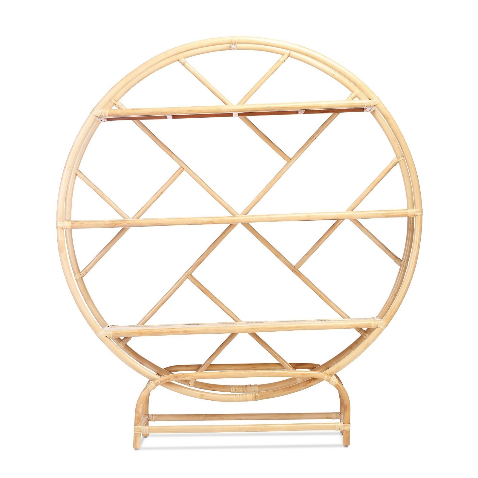 Large round etagere made of natural rattan in a brown finish, featuring multiple open shelves arranged in a crisscross pattern for displaying items.