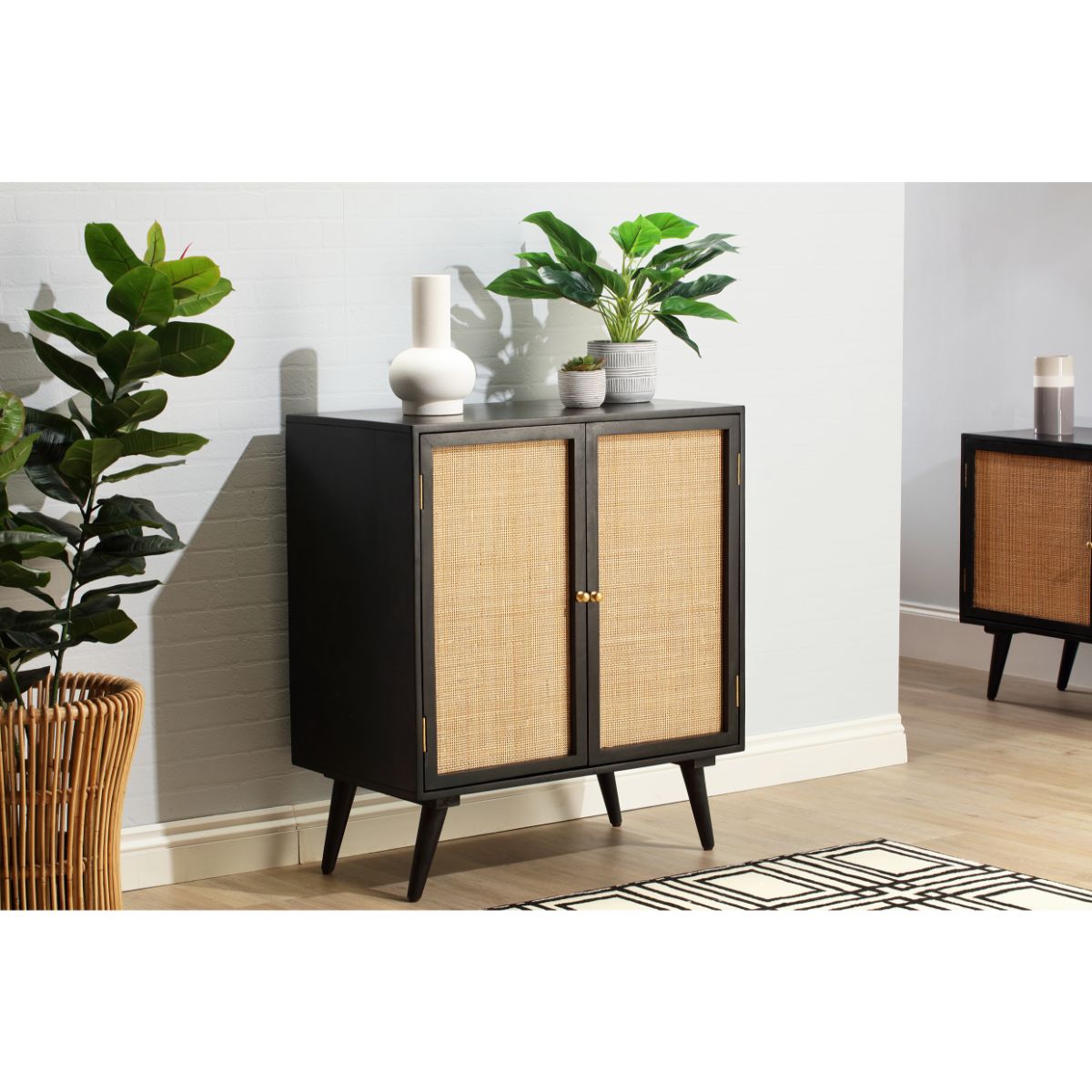 Black tall sideboard with two rattan doors, gold handles, and tapered legs, complemented by potted plants and decorative items on top, set against a light wall.