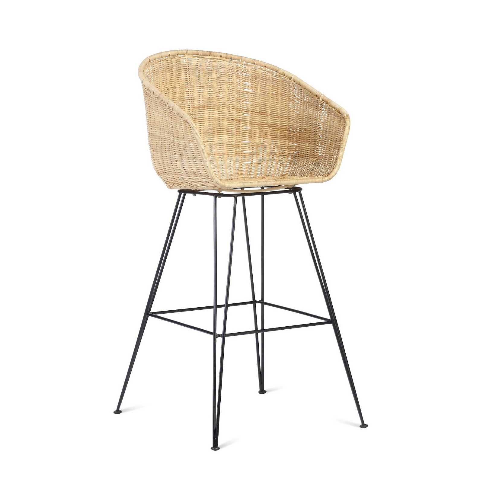 Natural rattan bar stool with a curved backrest and black metal legs, offering a stylish and contemporary design for indoor or outdoor use.