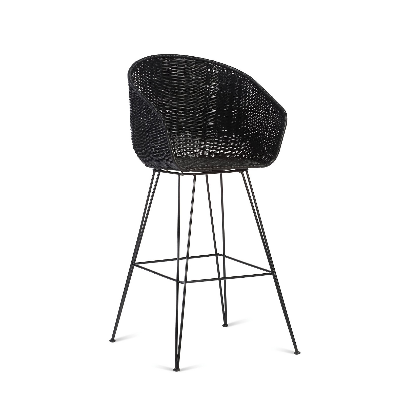 Black rattan bar stool chair with a curved backrest and slender metal legs, featuring a modern design suitable for indoor or outdoor use.
