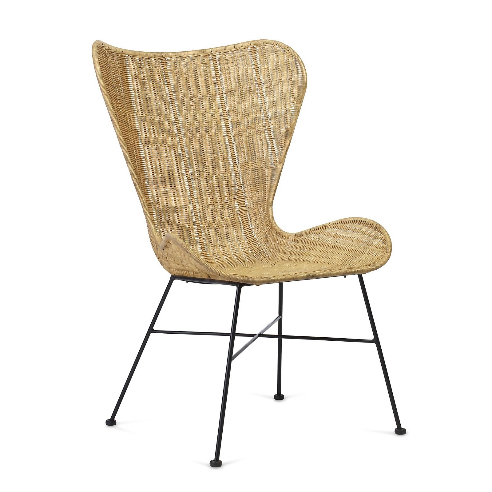Natural rattan wing chair with a high back, curved sides, and black metal legs, showcasing a modern and airy design suitable for indoor or outdoor use.
