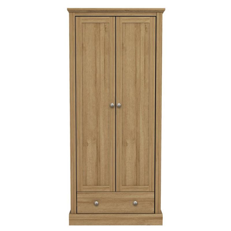 Oak double wardrobe featuring two doors with wooden panel detailing and a lower drawer, finished in a natural oak color with silver knobs.