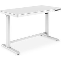 White Digitus electric height-adjustable desk with built-in USB charger and sleek drawer, modern minimalist design.