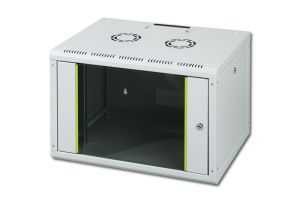 White wall mounting cabinet with a glass front door, ventilation holes on top, and a unique green trim, measuring 600x450 mm (WxD).