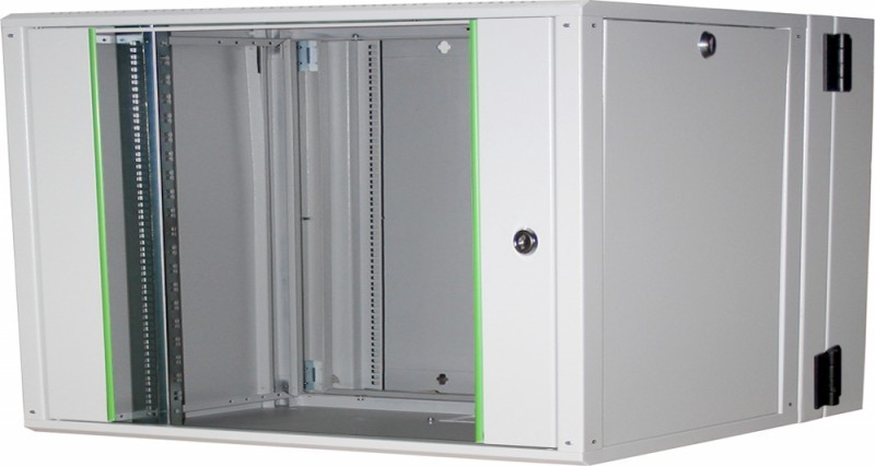 Double-sectioned wall mounting cabinet in silver metal with green accent lines, featuring adjustable mounting rails and a lockable door for secure equipment storage.