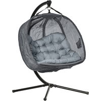 Grey double hanging egg chair swing with cushioned seating and a sturdy black metal frame.