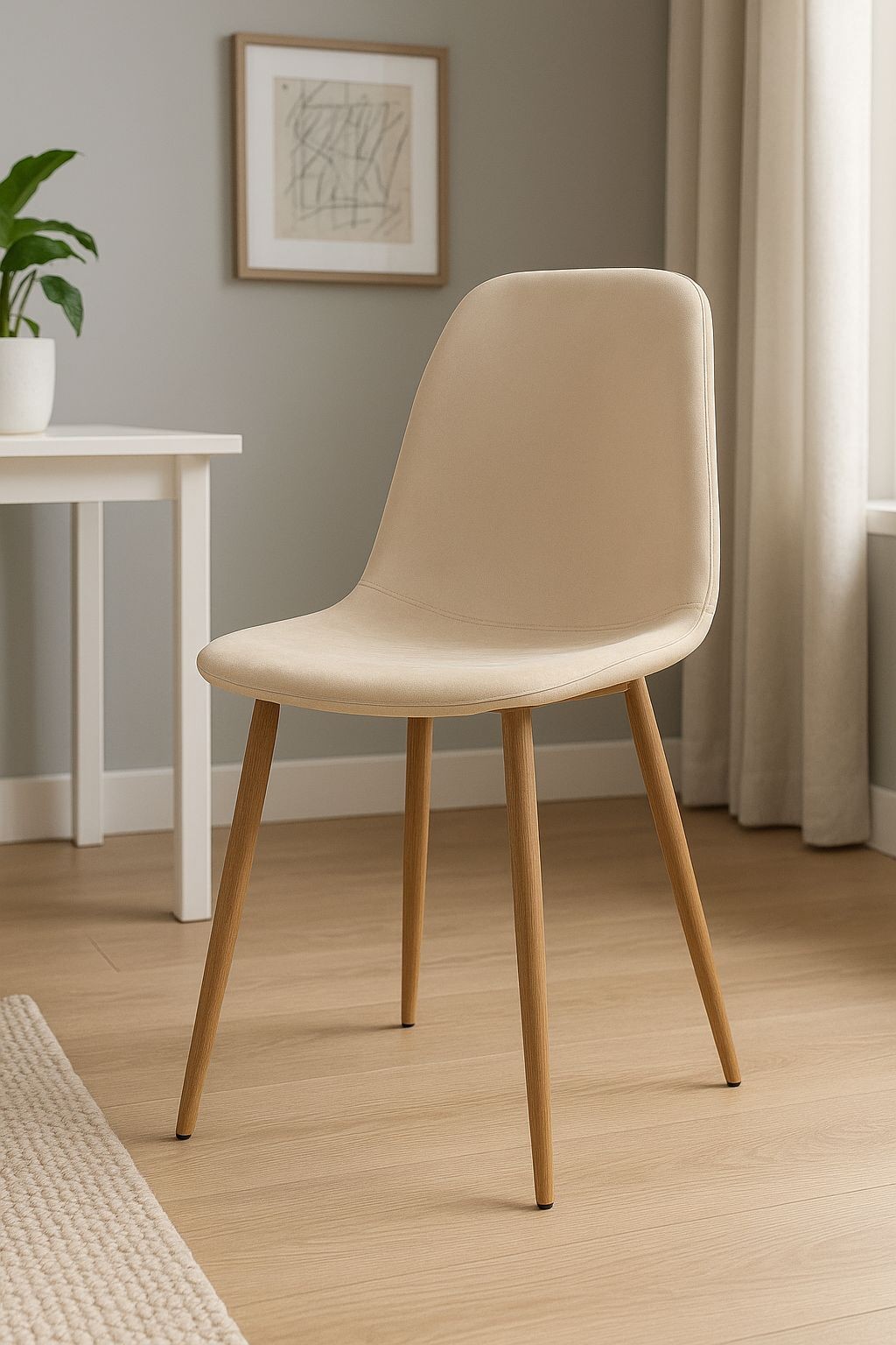 Luxe dining chair in cream with a smooth, wood-printed coating and natural wood legs, set against a neutral room backdrop with a plant and framed artwork.
