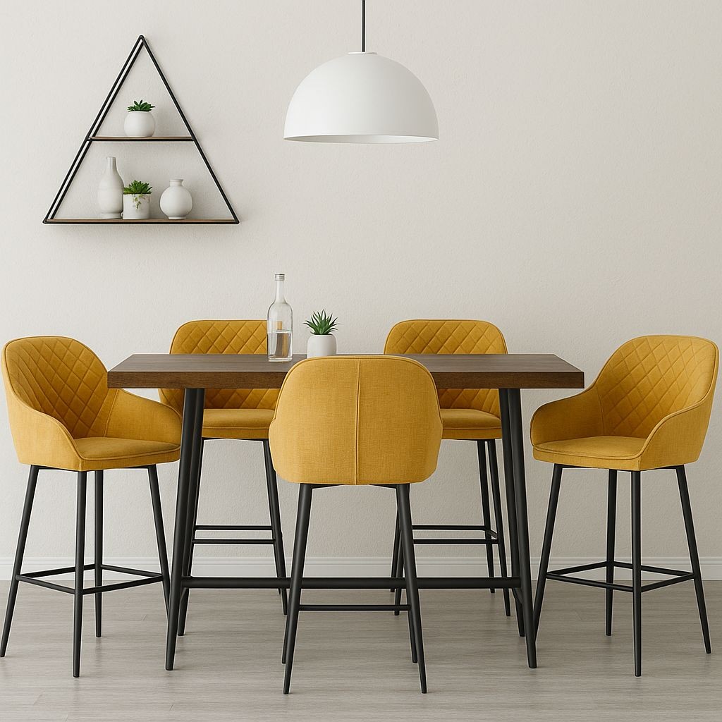 Two yellow upholstered bar stools with a quilted design and black metal legs, placed around a wooden table in a modern dining setting.