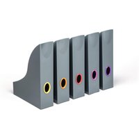 Gray VARICOLOR magazine rack set with five slots, each featuring a different colored circular label.