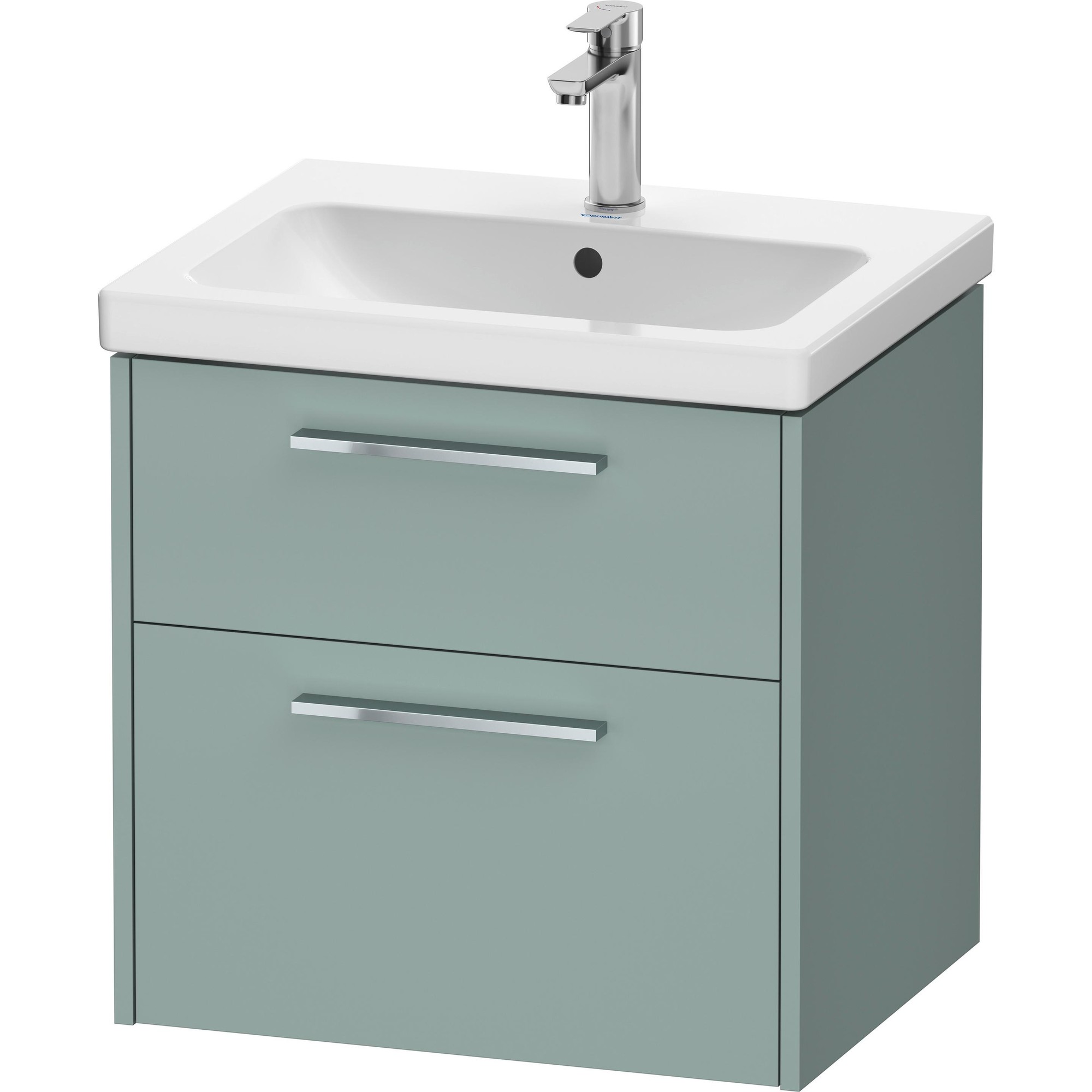 Duravit MobiBette D-Code washbasin cabinet in soft green with a white ceramic sink, featuring one drawer and a sleek chrome handle, dimensions 58.40 x 46 x 55.50 cm.