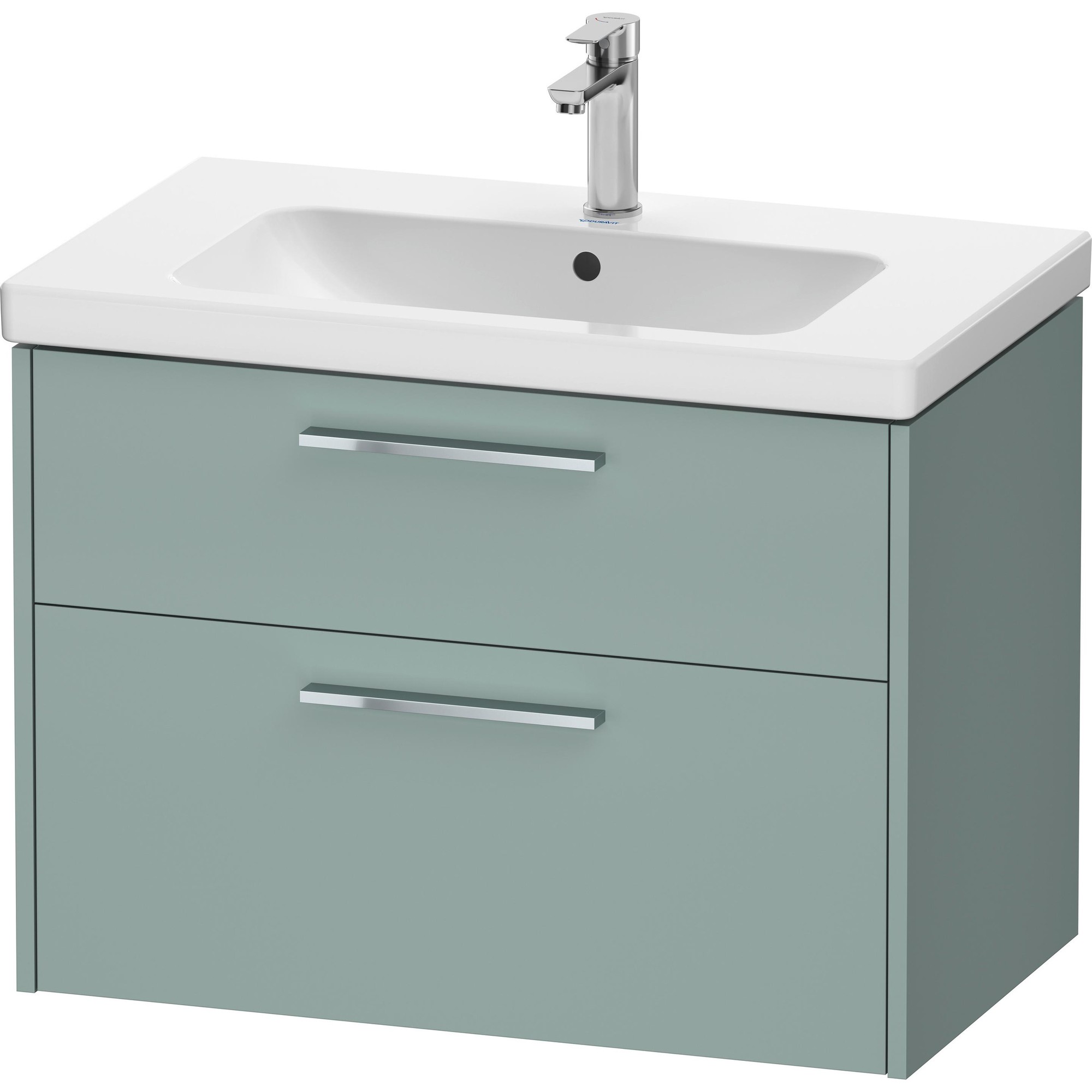 Duravit MobiBette D-Code washbasin cabinet in light green with two drawers, featuring a white ceramic sink and a chrome faucet, dimensions 78.40 x 46 x 55.50 cm.