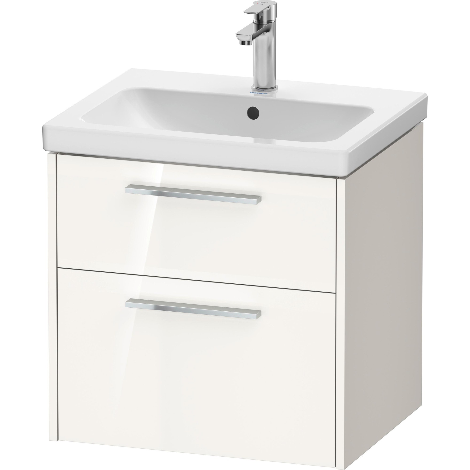White, glossy cabinet with a rectangular sink and a single chrome faucet, featuring one drawer and one open space for plumbing, measuring 58.40 x 46 x 55.50 cm.