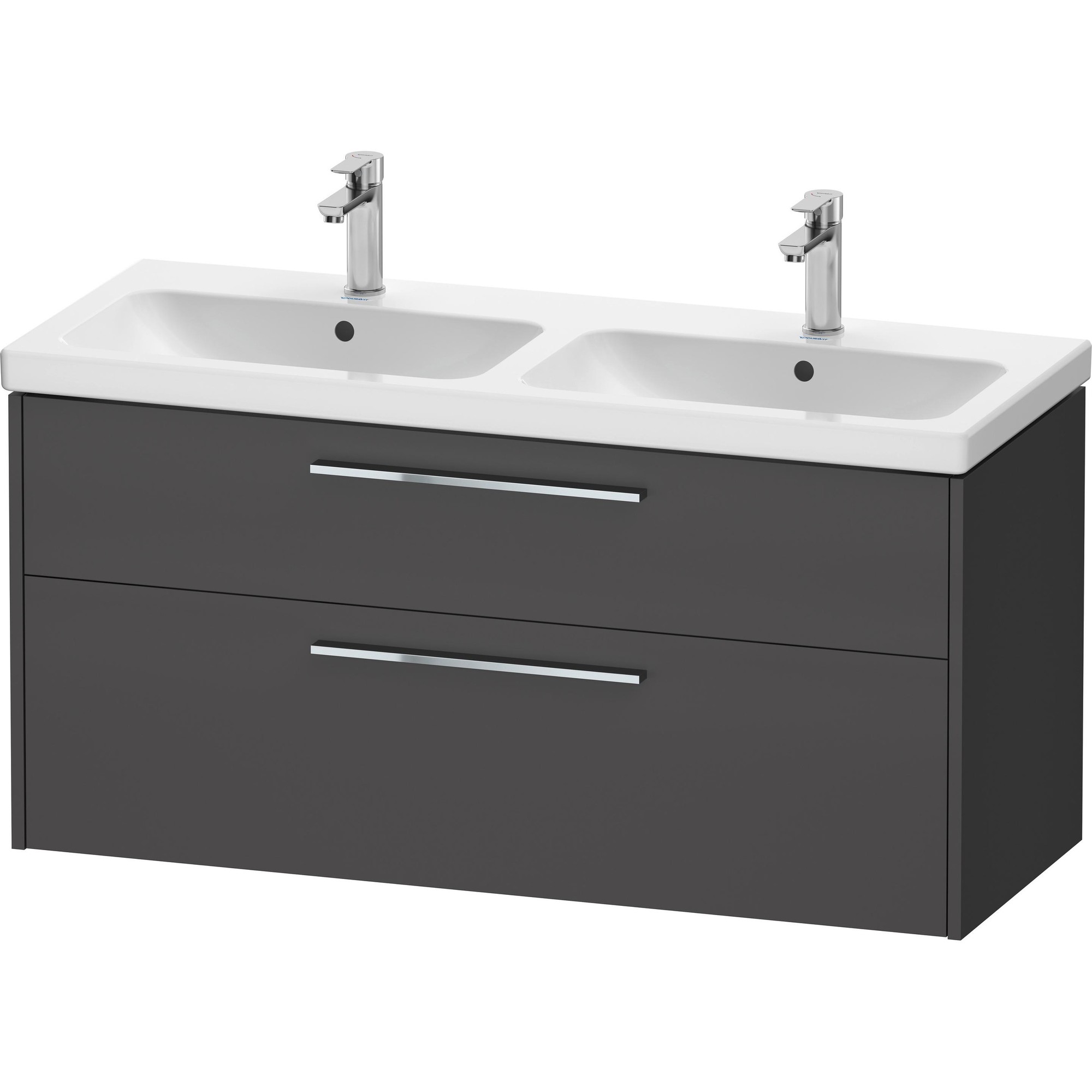 Duravit MobiBette D-Code double sink vanity in dark grey with two white ceramic basins, chrome handles, and two spacious drawers, designed for siphon access.