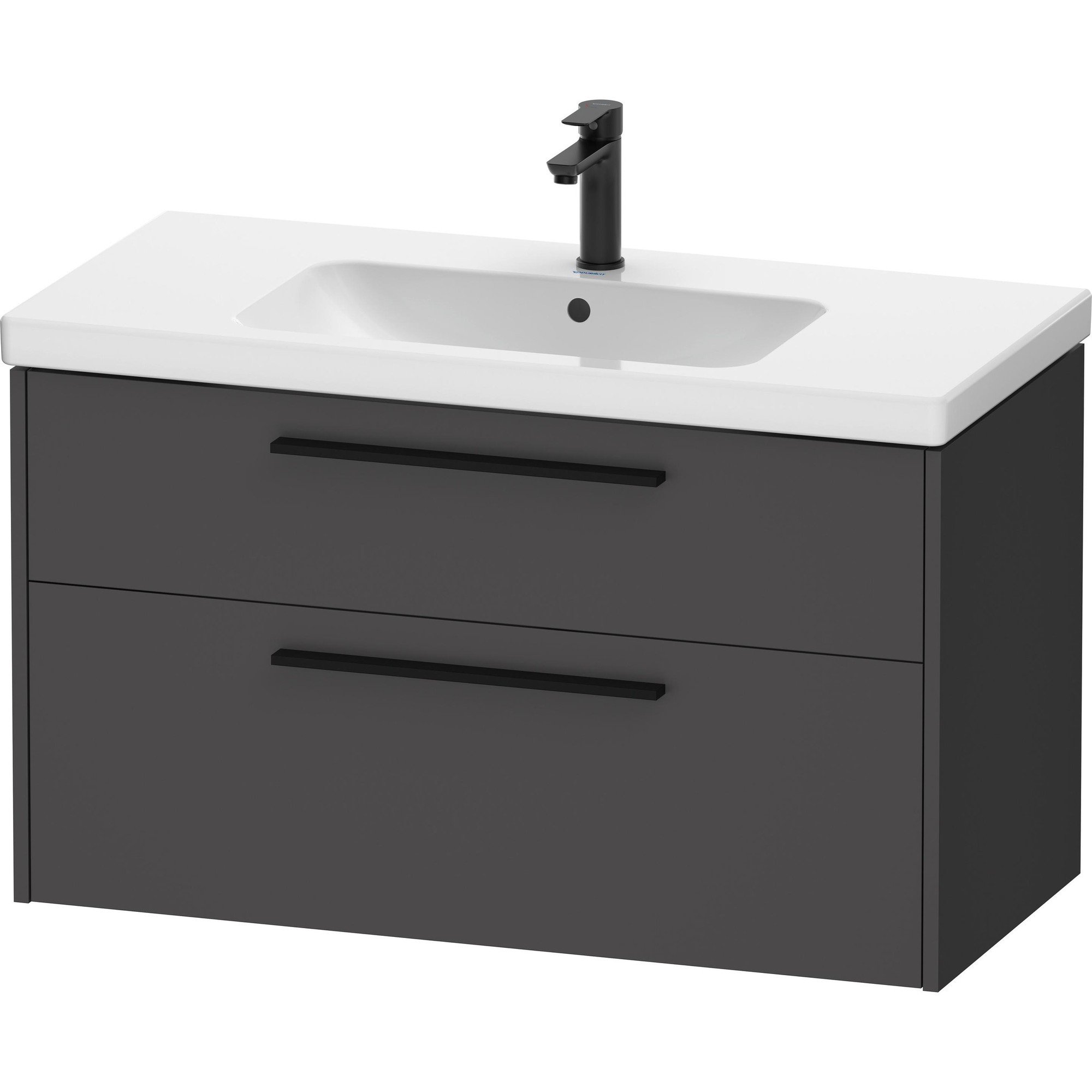 Dark grey bathroom vanity with a white countertop and integrated sink, featuring two drawers with sleek black handles, designed for siphon access.