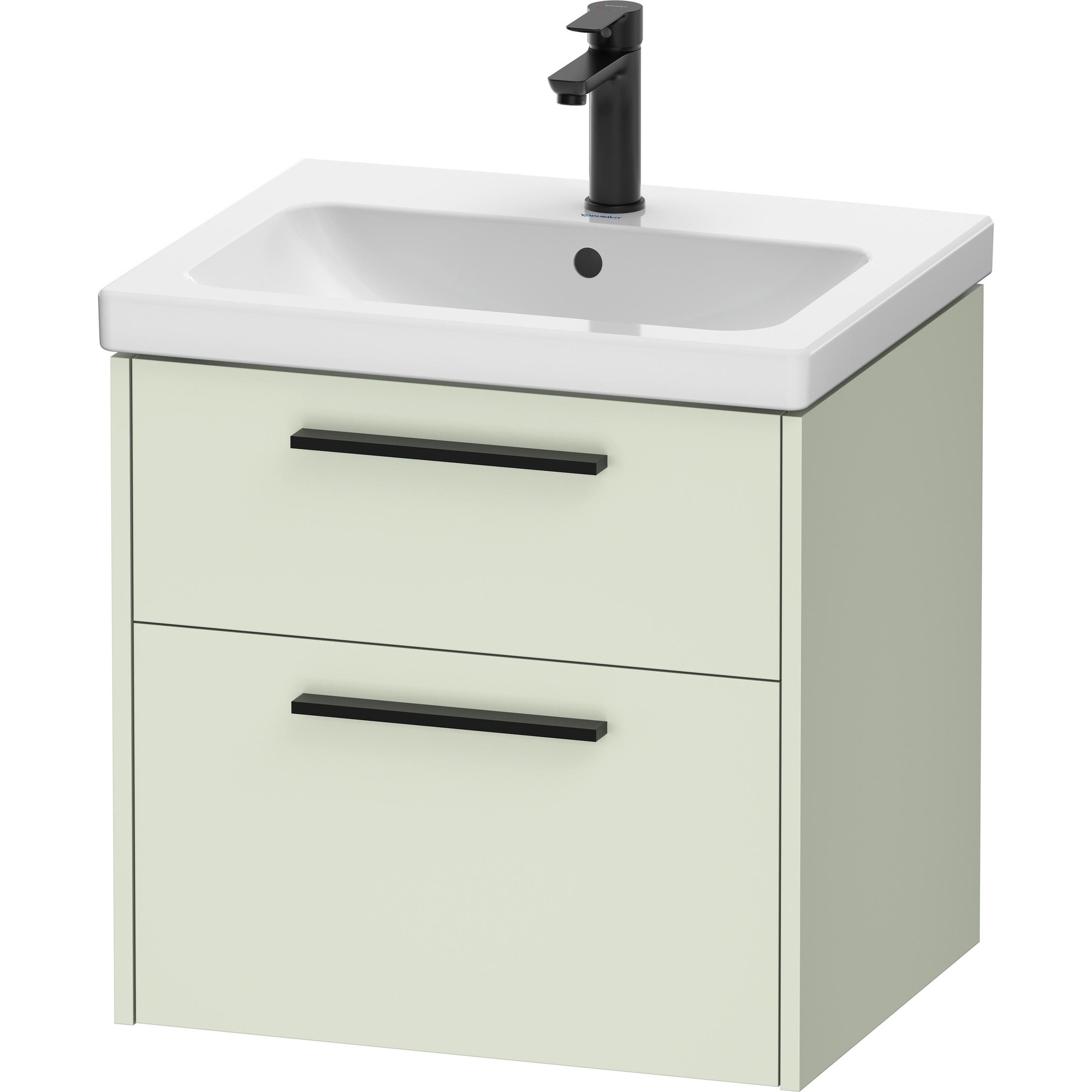 Duravit MobiBette D-Code lavabo cabinet in light green with a white sink, featuring one drawer, a siphon opening, and sleek black handles, measuring 58.40 x 46 x 55.50 cm.