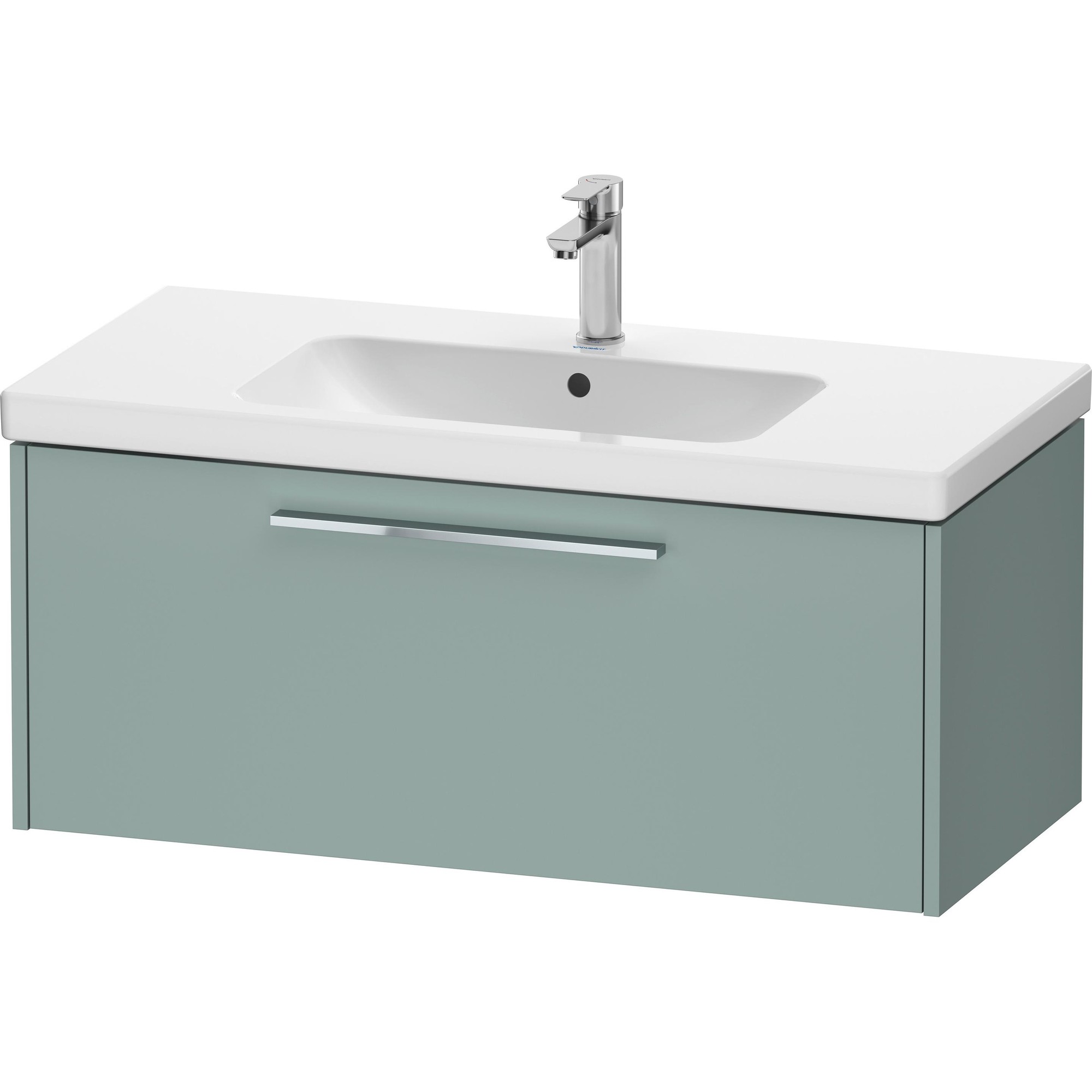 Duravit MobiBette D-Code washbasin cabinet in light green with a single drawer, featuring a white ceramic sink and sleek chrome handle, measuring 984x460 mm.