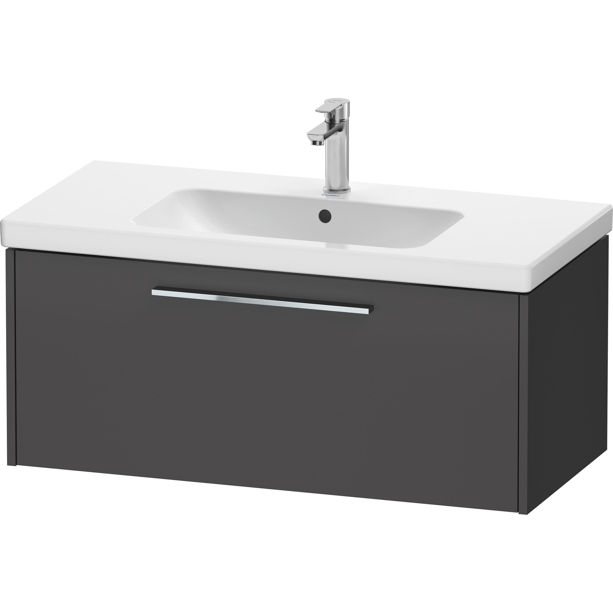 Duravit MobiBette D-Code wall-mounted vanity unit in dark grey with a white ceramic sink, featuring a single drawer and a sleek chrome handle, measuring 984x460 mm.