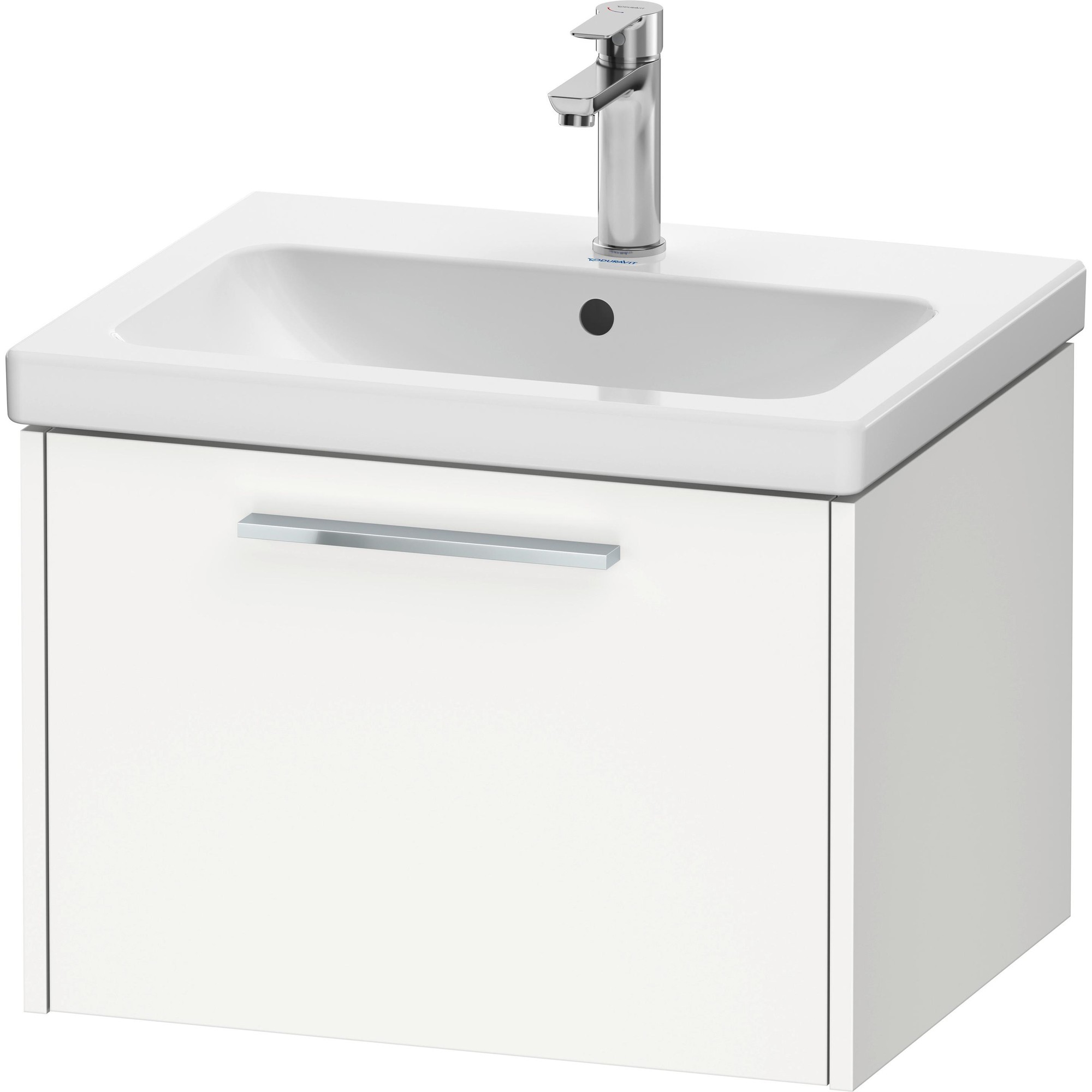 White wall-mounted vanity unit with a rectangular sink, single drawer, and sleek chrome handle, featuring a modern design and compact dimensions of 584x460 mm.