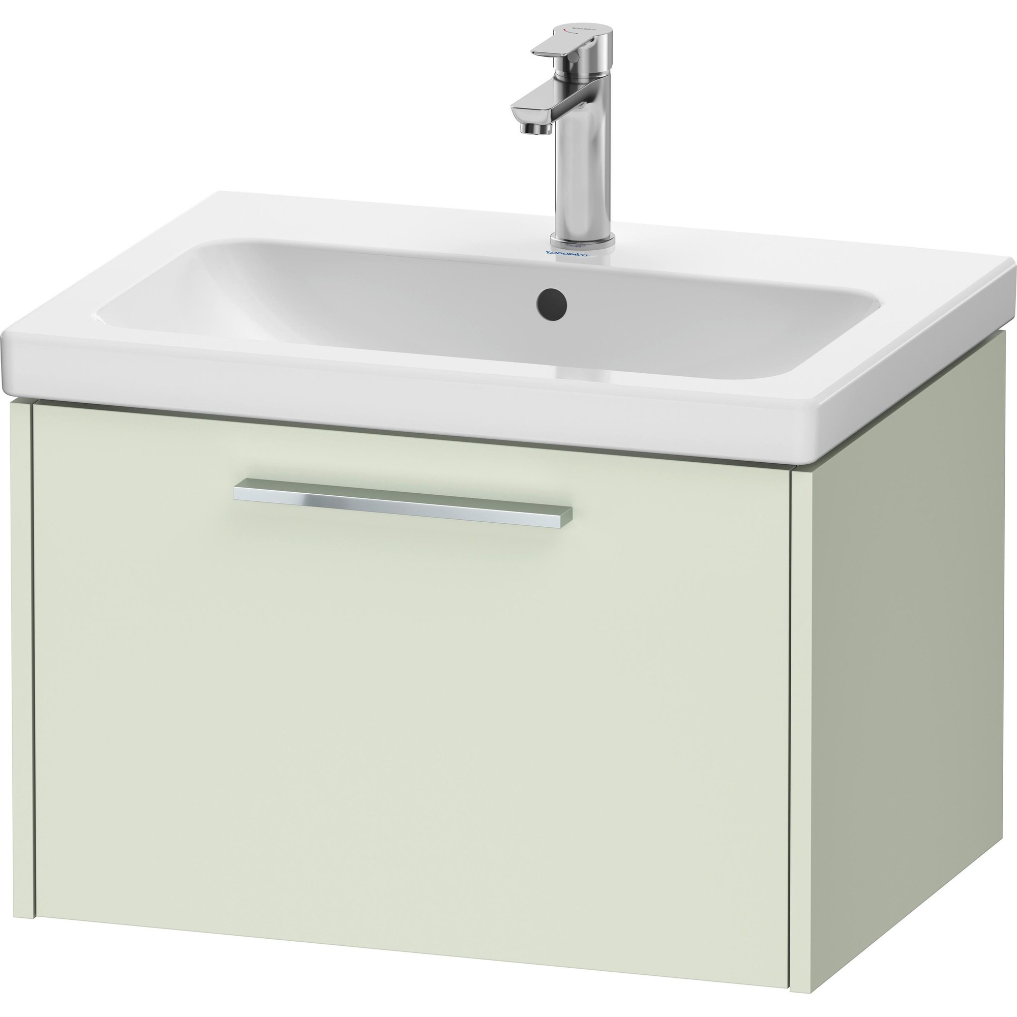 White ceramic sink with a sleek design, mounted on a light green cabinet featuring a single drawer and a chrome handle, dimensions 634x460 mm.