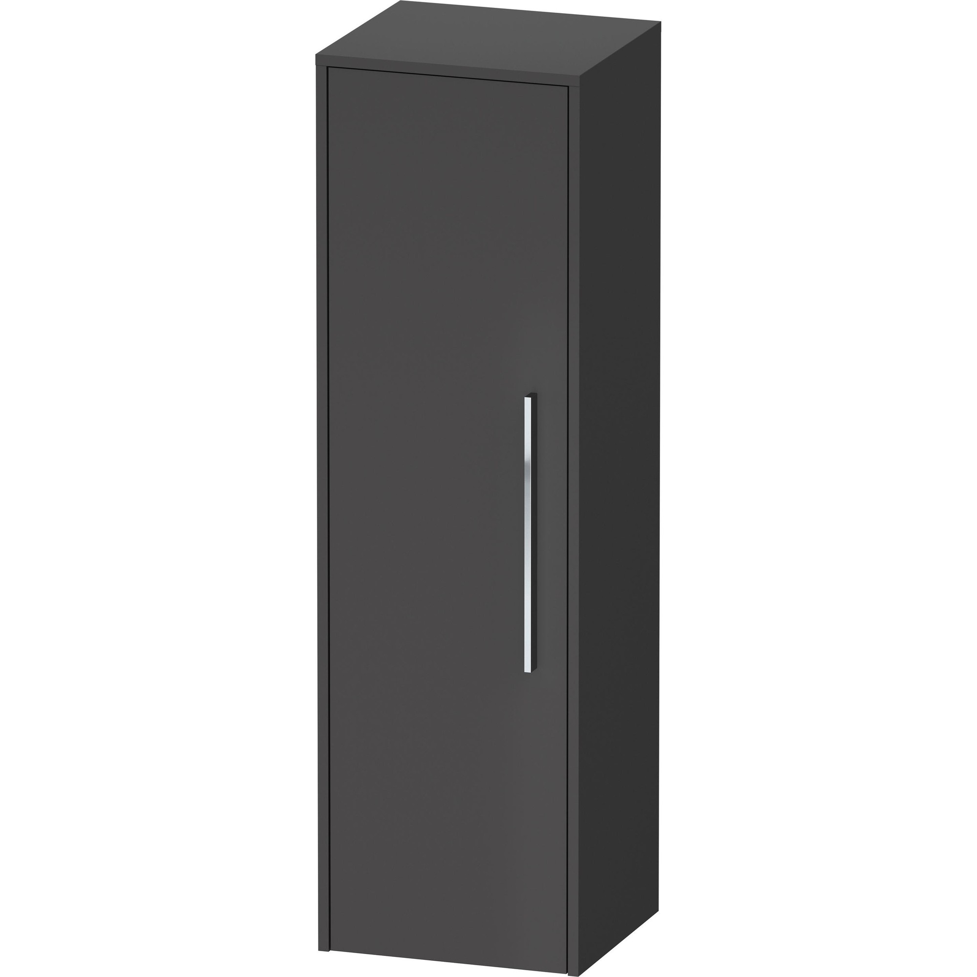 Tall, sleek black bathroom cabinet with a single left-hinged door, featuring a minimalist silver handle, dimensions 400x360x1320 mm.