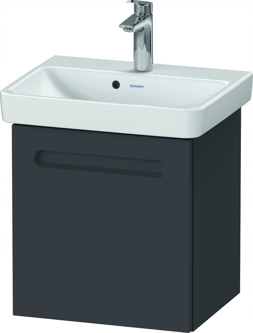 Matte graphite wall-mounted vanity cabinet featuring a sleek design, a single handle, and a white ceramic sink with a modern faucet, ideal for bathroom storage.