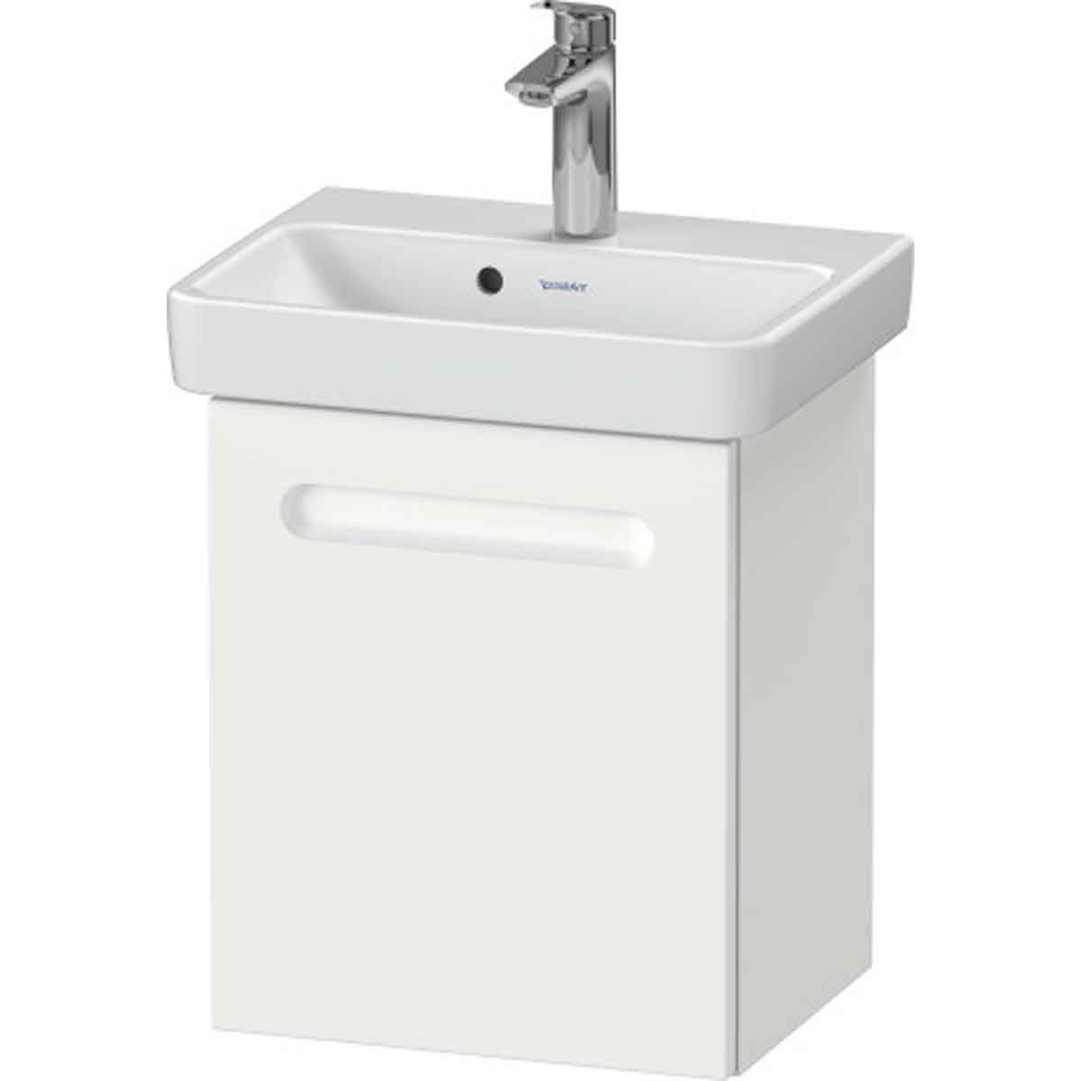 Matte white wall-mounted vanity cabinet with a single drawer, featuring a sleek design and a modern faucet, ideal for bathroom storage without a vanity top.