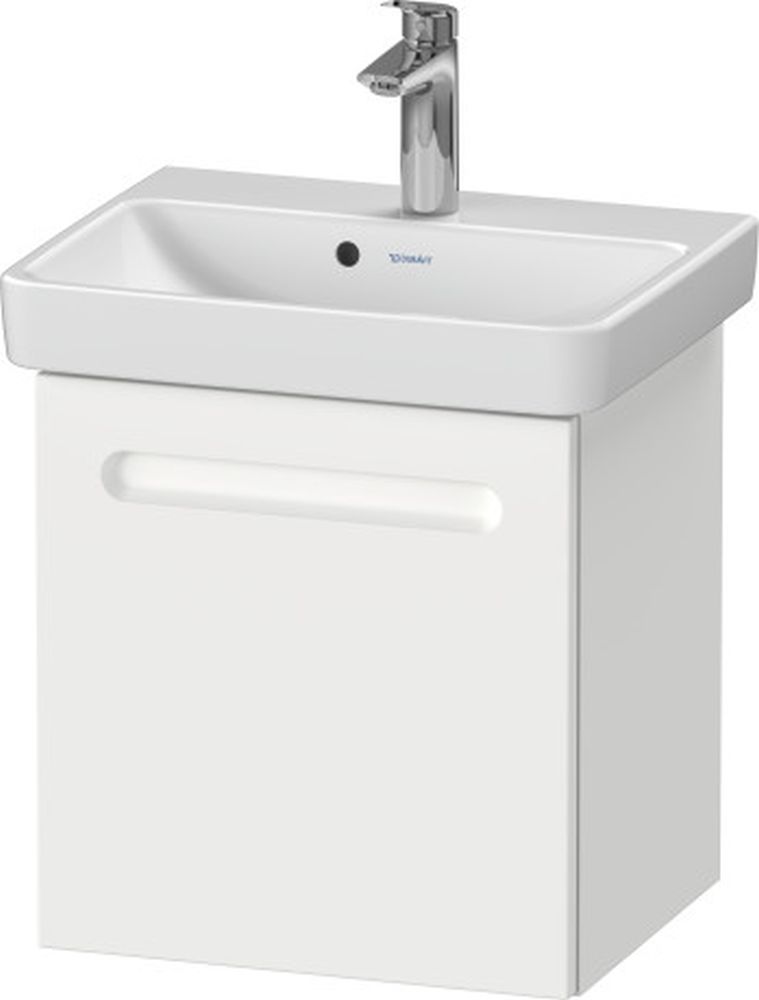 Matte white wall-mounted vanity cabinet with a sleek design, featuring a single handle sink and a minimalist drawer with a horizontal cutout for easy access.