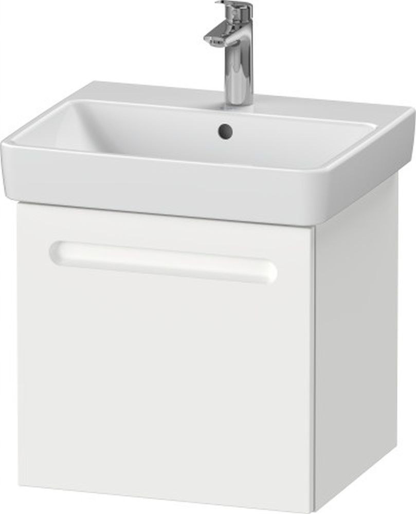 Wall-hung vanity unit in white matte finish featuring a single drawer and a sleek ceramic basin, designed for modern bathrooms, measuring 490mm in width.