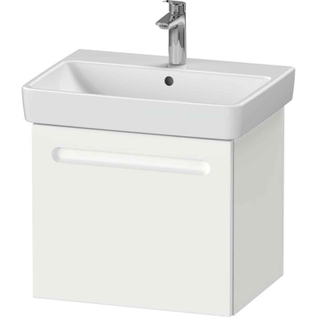 White matt wall-hung vanity unit with a single drawer and a sleek ceramic sink, featuring a modern design and minimalist handle.
