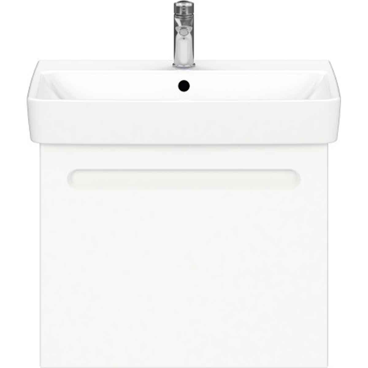 Wall-hung vanity unit in white matte finish featuring a sleek design, one drawer, and a rectangular sink with a single tap hole.