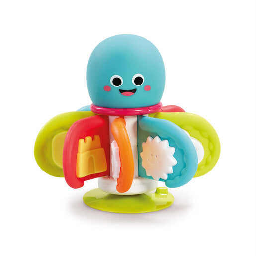 Brightly colored octopus highchair spinner featuring a blue head with a smiling face and four vibrant, textured panels in red, yellow, green, and orange with playful designs.