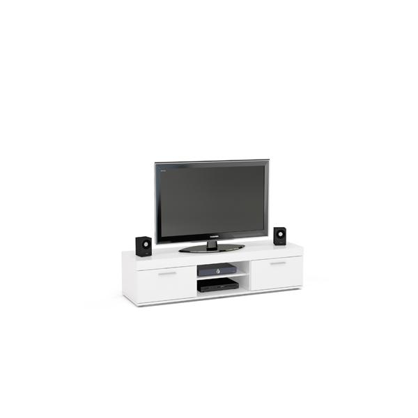 Glossy white TV unit with two drawers and an open shelf, featuring a flat-screen TV and two speakers on either side, designed for living room entertainment.