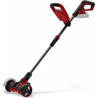 Red and black Einhell cordless patio brush weeder with adjustable handle and dual wheels.