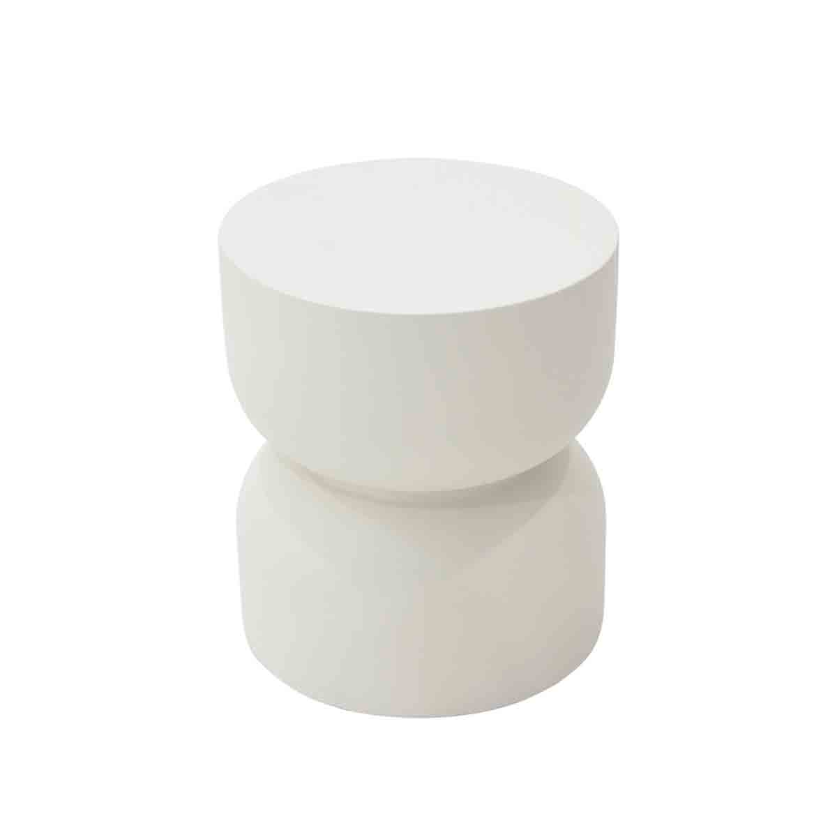 Cream white side table with a modern, sculptural design featuring a rounded top and a tapered base, made from durable material for a stylish accent in any space.