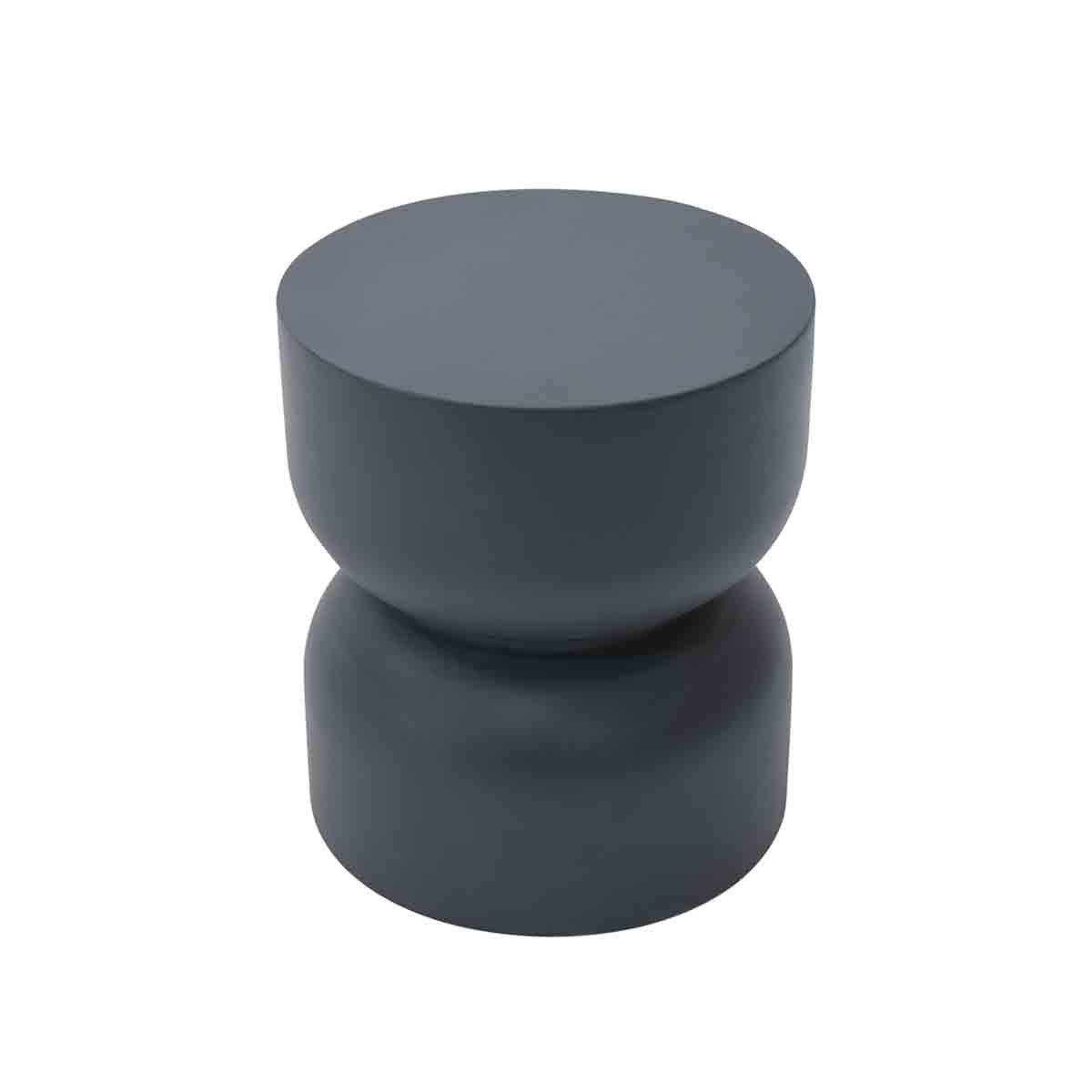 Slate black side table with a smooth, rounded top and a sculptural hourglass shape, made of durable GRC material, ideal for modern decor.