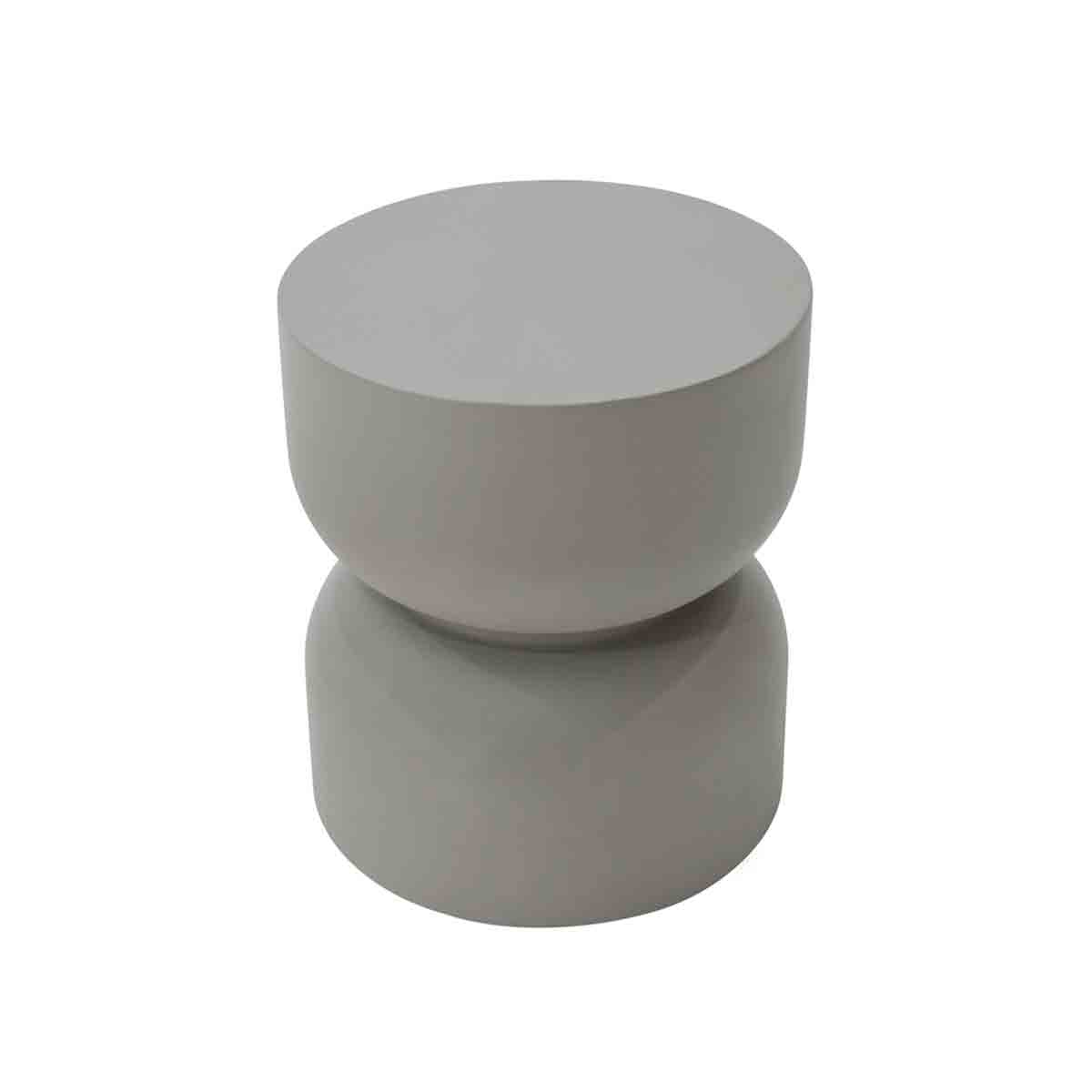 Round side table in space gray, featuring a smooth, matte finish and a modern, sculptural design with a cylindrical base and a slightly wider top.