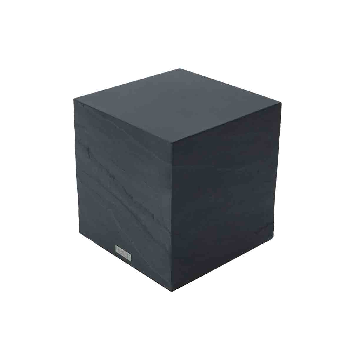 Slate black GRC side table with a sleek, modern cube design, featuring a smooth finish and subtle texture, ideal for contemporary indoor or outdoor settings.