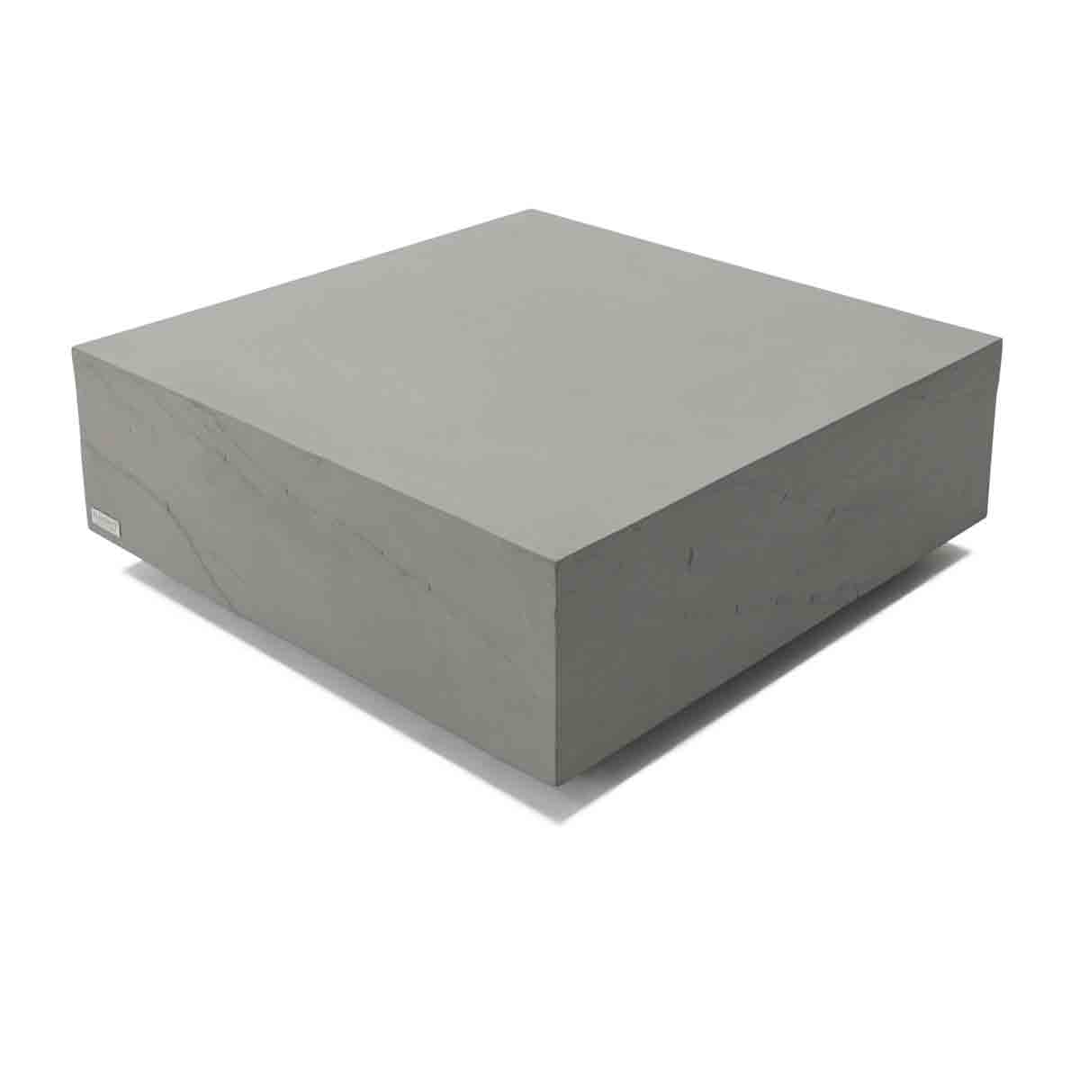 Large square coffee table in space gray, made from GRC material, featuring a smooth, minimalist design with subtle marbling details.