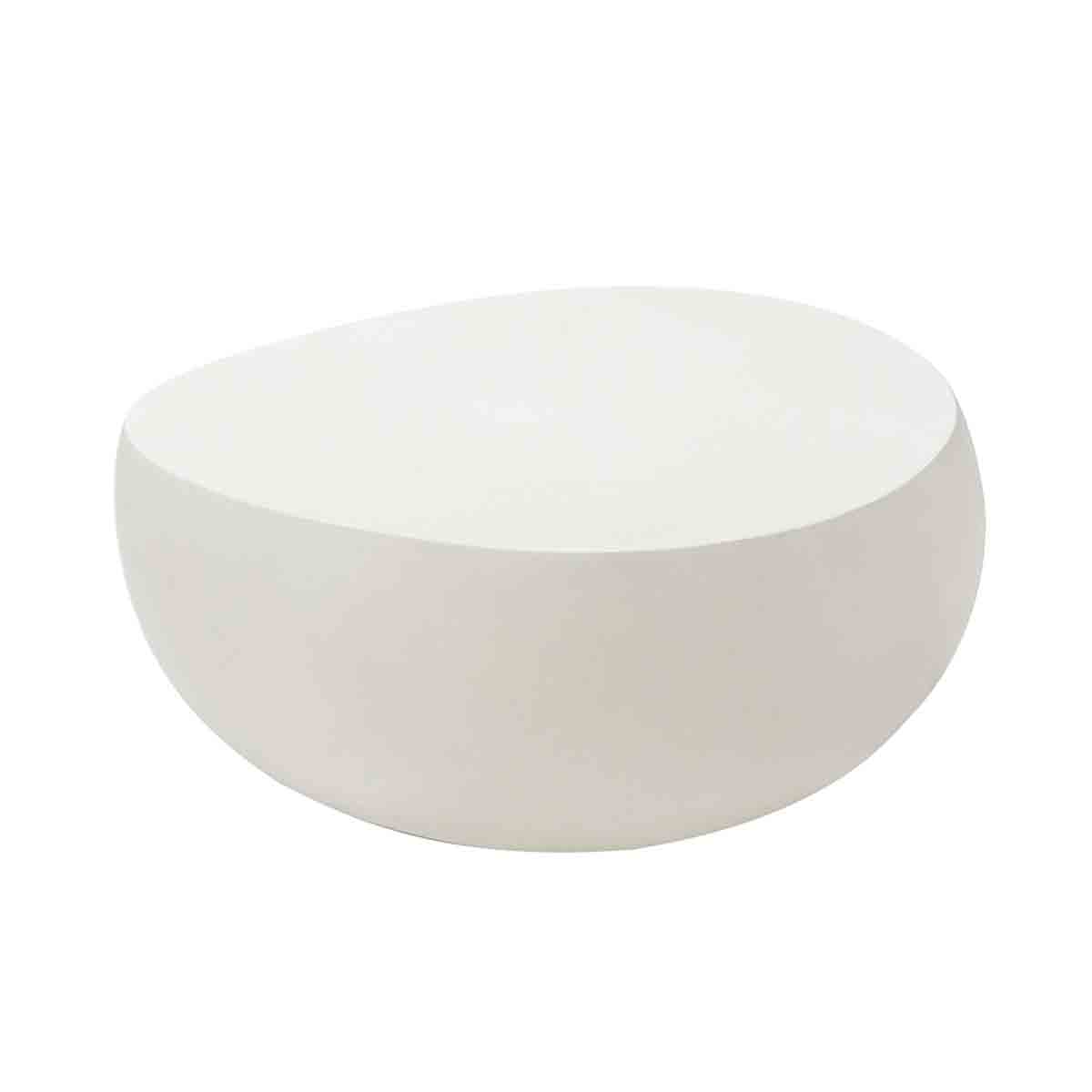 Cream white, oval-shaped coffee table made from a smooth material, featuring a minimalist design with a modern aesthetic.