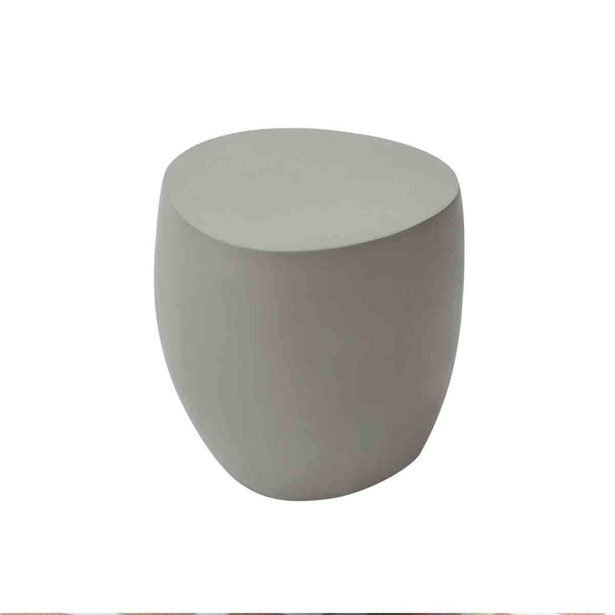 Space gray, sculptural side table with a smooth, rounded design and a flat top, made from durable GRC material, ideal for indoor or outdoor use.