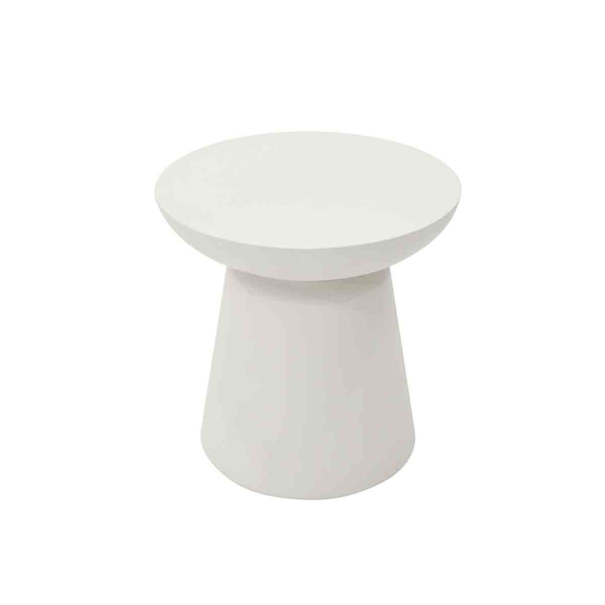Cream white GRC side table with a round top and a tapered base, featuring a sleek, modern design suitable for indoor or outdoor use.