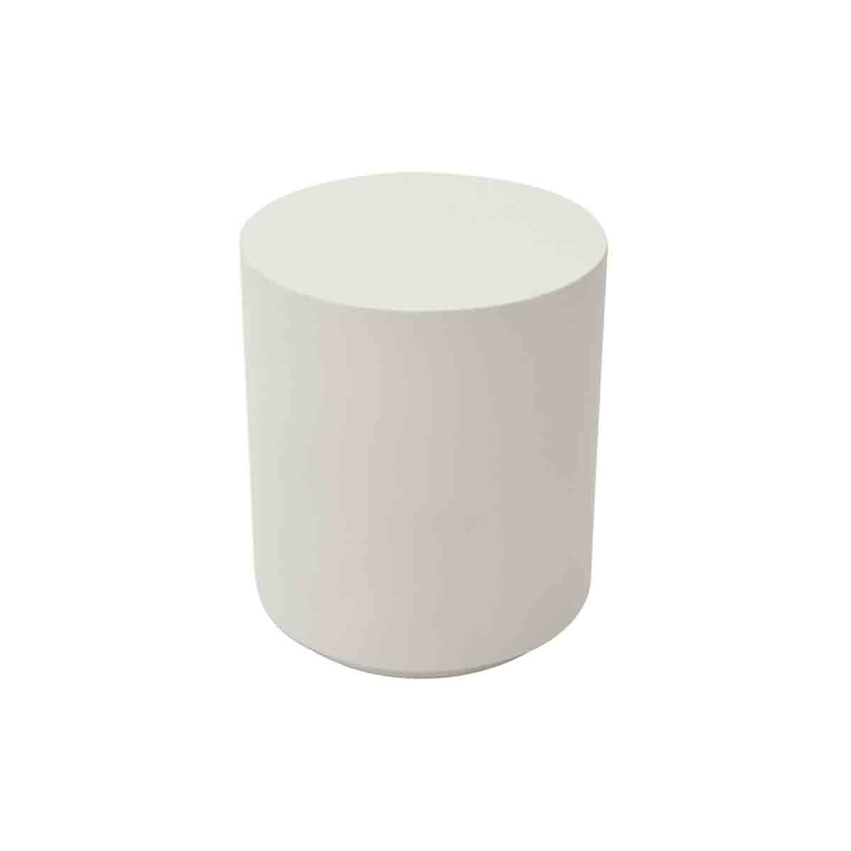Cream white cylindrical side table made of GRC material, featuring a smooth, minimalist design with a solid top and a sturdy base.